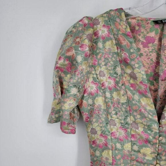 Shein Mini Dress S Pink Colorful Metallic Floral Puff Sleeve Button Front Pleat - Picture 4 of 12